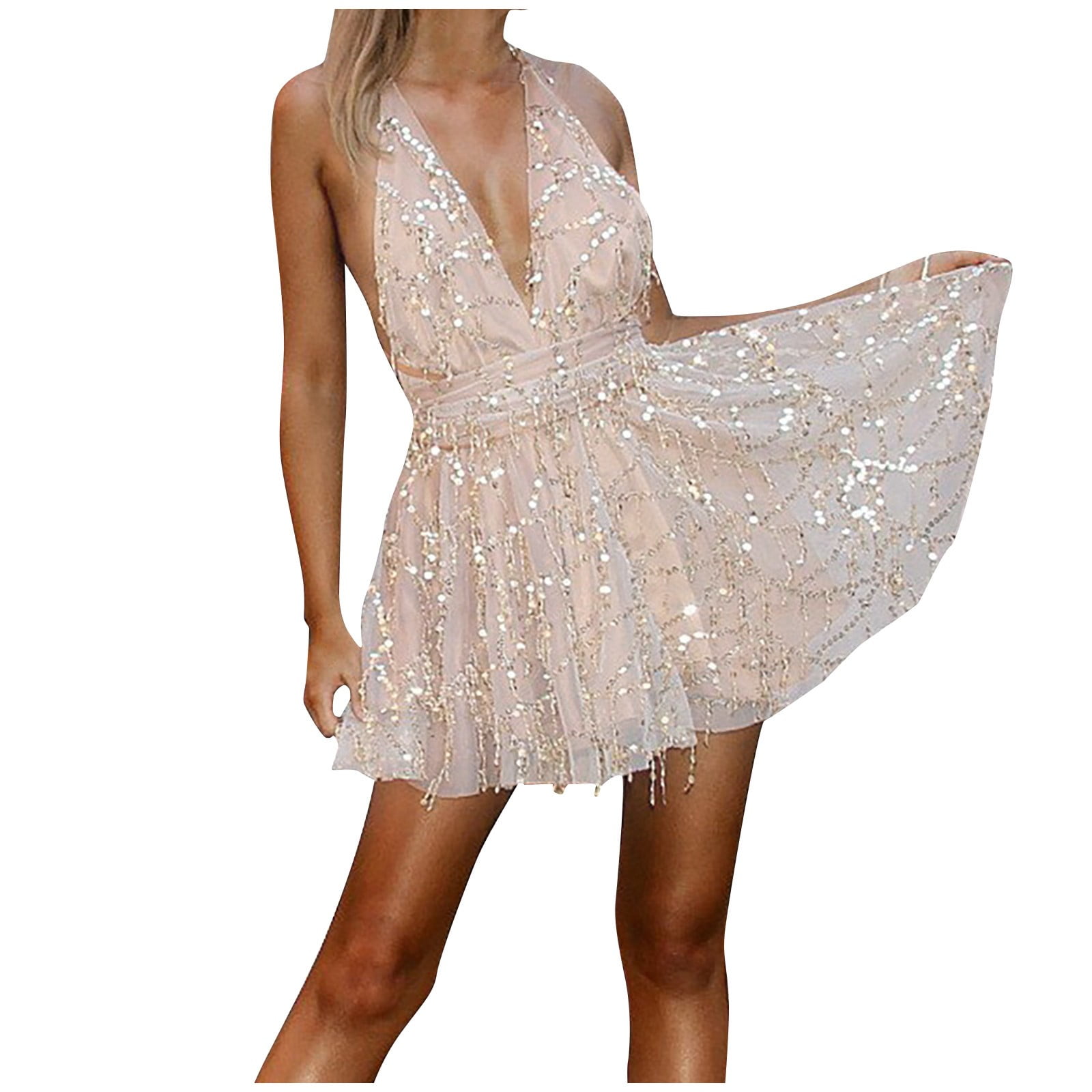 New Years Eve Dresses For Women Sequin Voile Slim V-Neck Elastic Mini  Banquet Party Dress - Walmart.com