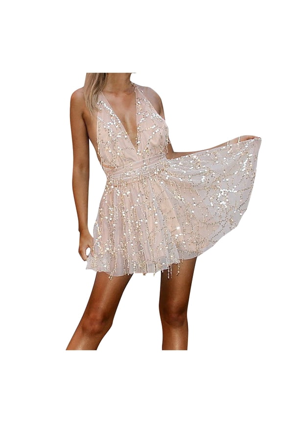 New Years Eve Dresses For Women Sequin Voile Slim V-Neck Elastic Mini Banquet Party Dress