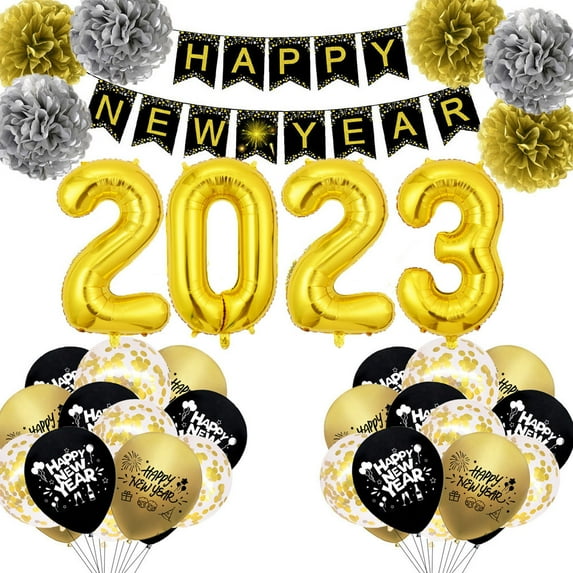 New Years Eve Party Supplies 2023, New Years Eve Party Supplies, Happy New Year Decorations 2023 Black and Gold, Happy New Year Decorations Kit - 2023 Foil Balloons, Banner, Latex Balloon, Pom Poms
