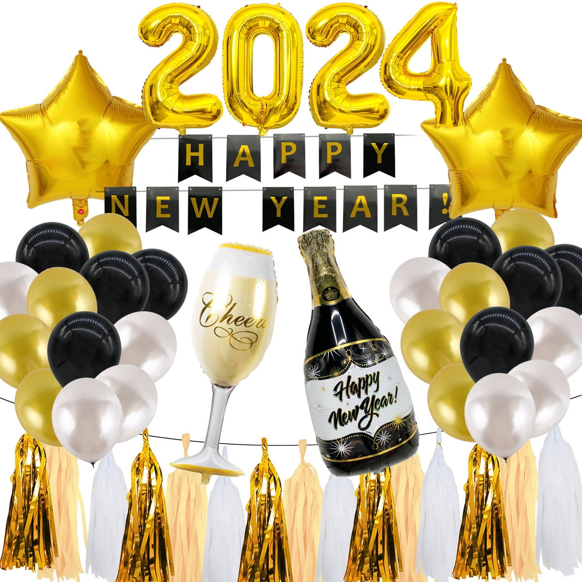 HOWAF Happy New Year Decorations 2024 Balloons Gold Black New Year Balloons  Foil Star Balloons for New Year's Eve Party Supplies 2024 New Year's Eve