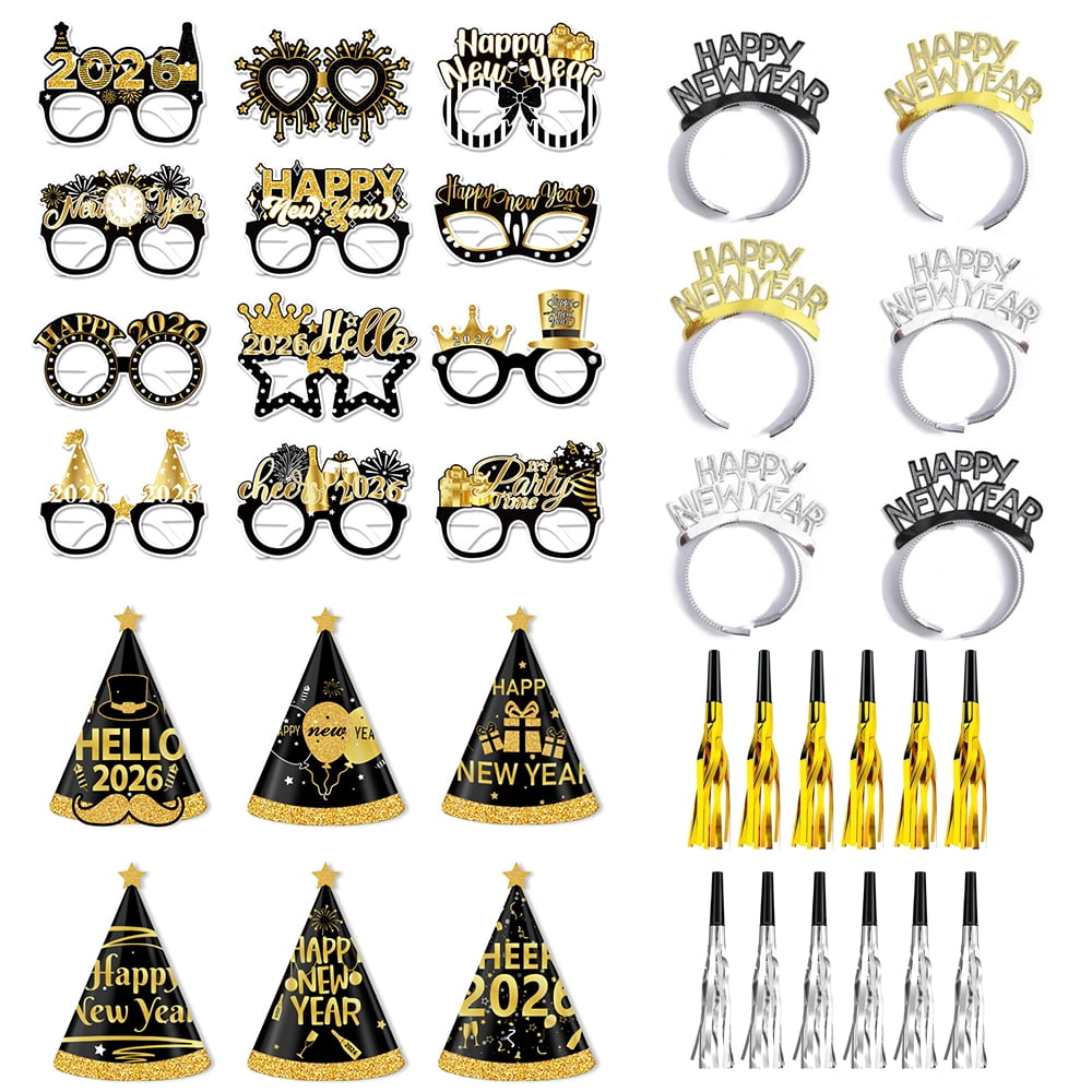 MSJEHQI New Year's Eve Party Supplies, Black Gold Silver Hats ...