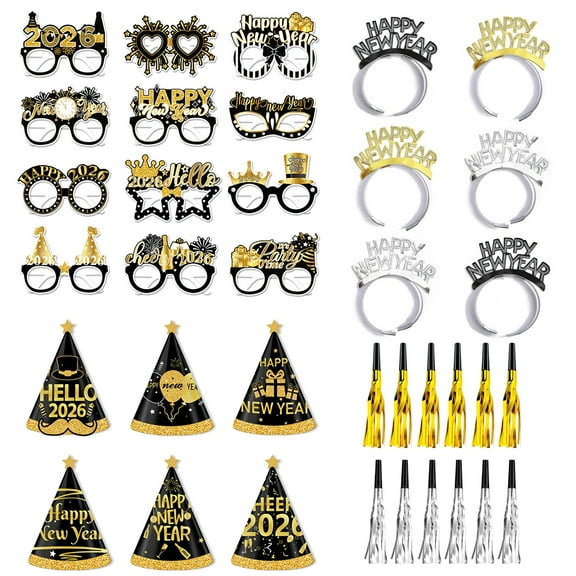 New Years Eve Party Supplies 2026,Happy New Years Party Hats,Black Gold Silver Headband , Paper glasses, New Year's Party Favors New Years Decoration Accessories Kit