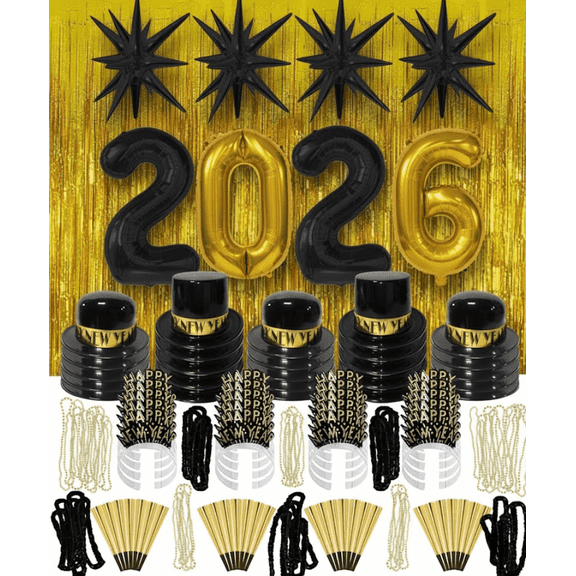 PMU New Years Eve Party Supplies 2026 Kit 136-Piece Set -50 Guests - Black and Gold Top Hats Derbies Tiaras Leis Horns curtains Beads Burst Balloons - New years eve Decorations Bulk Party Favors