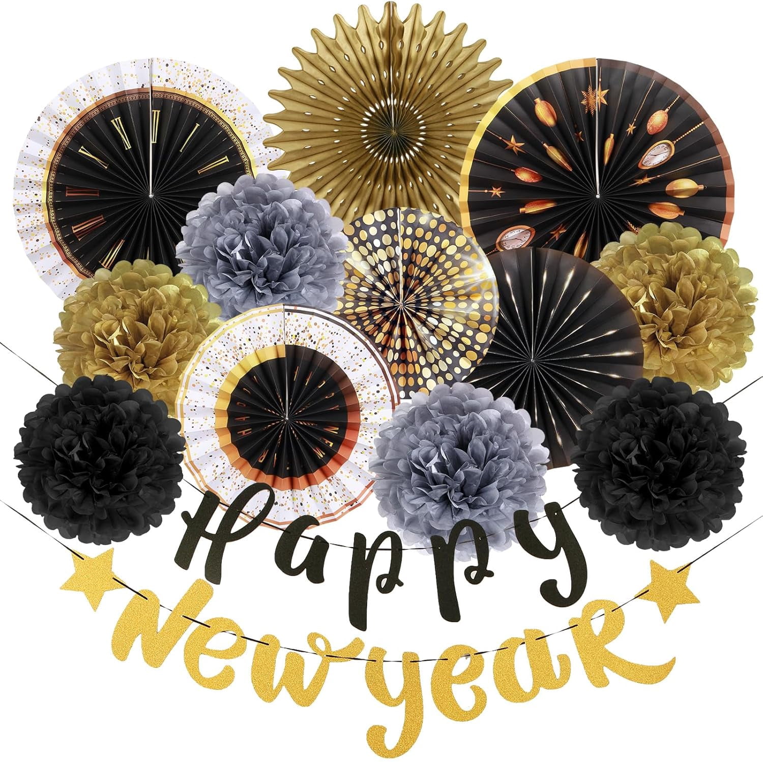 New Years Eve Party Supplies 2026, Happy New Year Decorations Black Gold Hanging Paper Fans Tissue Pom Poms Happy New Year Banner for 2026 New Year Party Favor Supplies Decorations