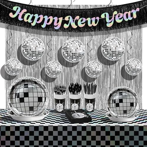 New Years Eve Party Supplies 2026 - Pack of 188, Serves 25 | Happy New Year Banner, Silver Fringe Backdrop, Happy New Year Plates and Napkins Set, Swirls, Tablecloth, NYE Decorations 2026