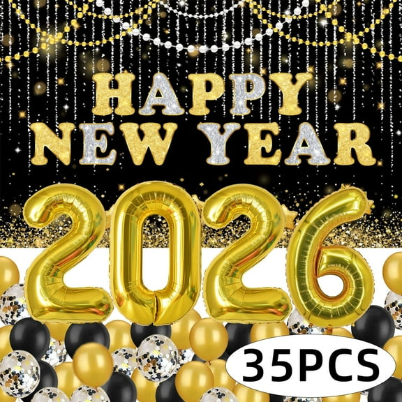 New Years Eve Party Supplies Decorations 2026 Set Large Happy New Year Banner Backdrop Gold Balloons 2026 41Pcs