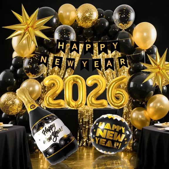 New Years Eve Party Supplies Decorations Include Black Gold Confetti Balloons Fringe Curtain Banner for Nye Party