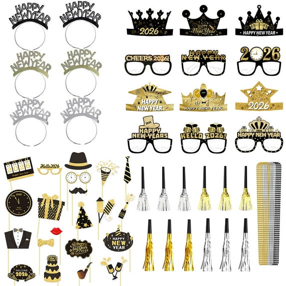 New Years Eve Party Supplies NYE Party Favors 2026 Set New Year Photo Props,NYE Top Hats New Year Headband Eyeglasses for NYE Decorations 2026 New Years Eve Accessories Kit