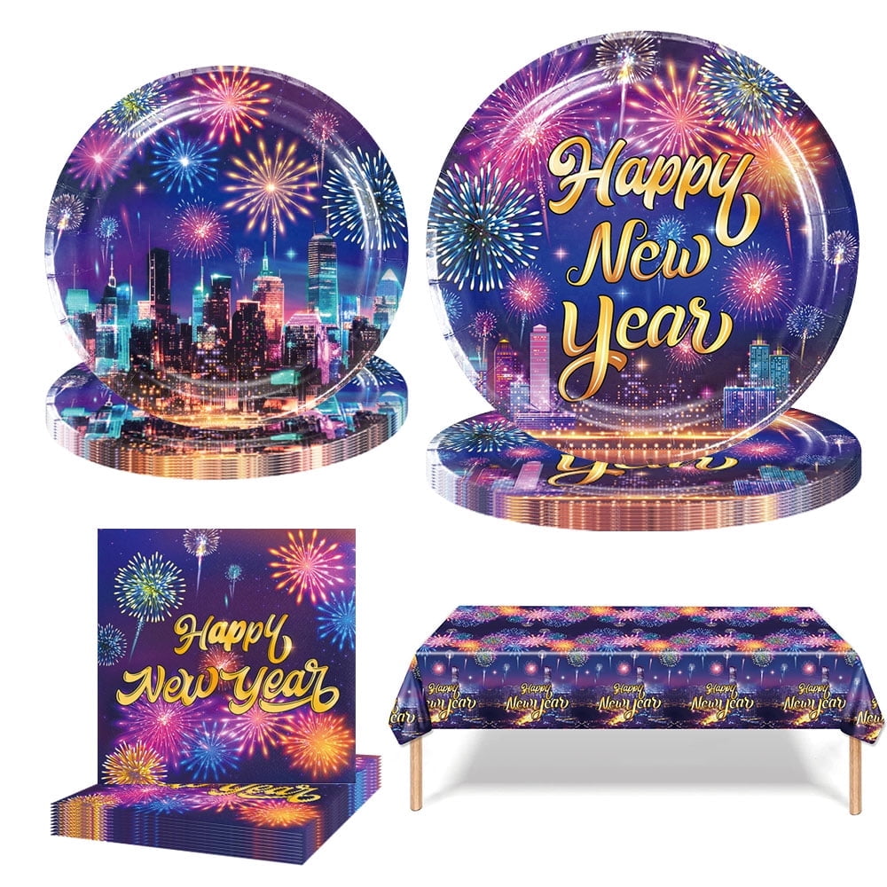 New Years Eve Party Supplies New Year Party Tableware Set NYE Party Tablecloth,Plates and Napkins for New Year's Eve Party Celebration Decorations