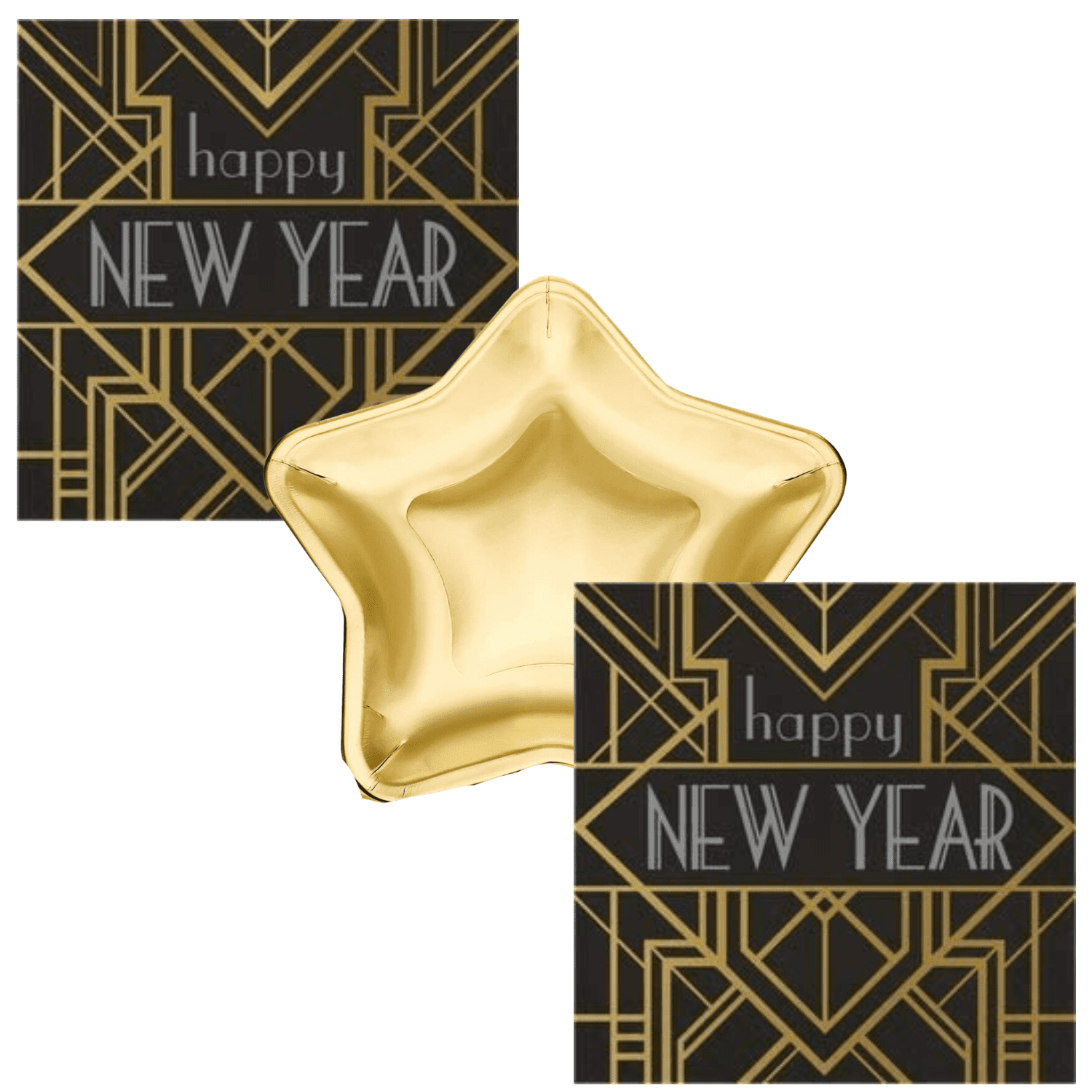 New Years Eve Plates Napkins Black Gold Star Foil Stamp Disposable