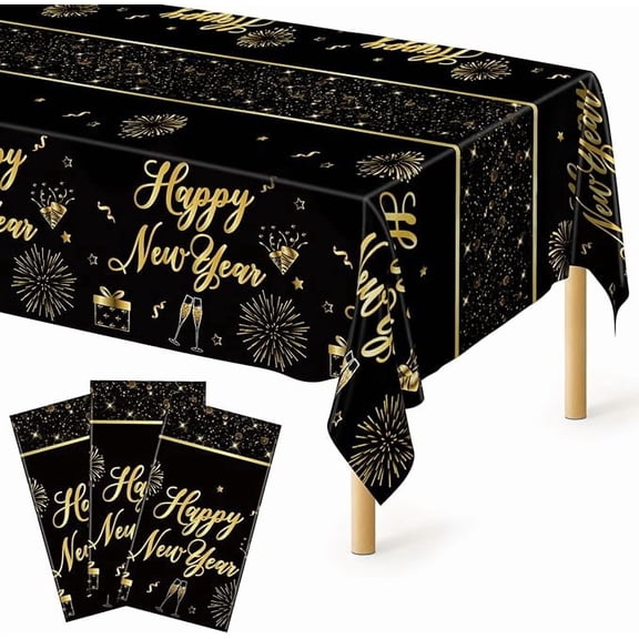 New Years Eve Tablecloth 3 Pack 108 x 54 Inch Disposable Plastic Black Gold Firework Table Covers for 2026 Party