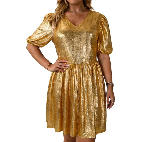 POROPL Dersses for Women,Wedding Guest Dress V Neck Puff Sleeve Pleated Skater Dress