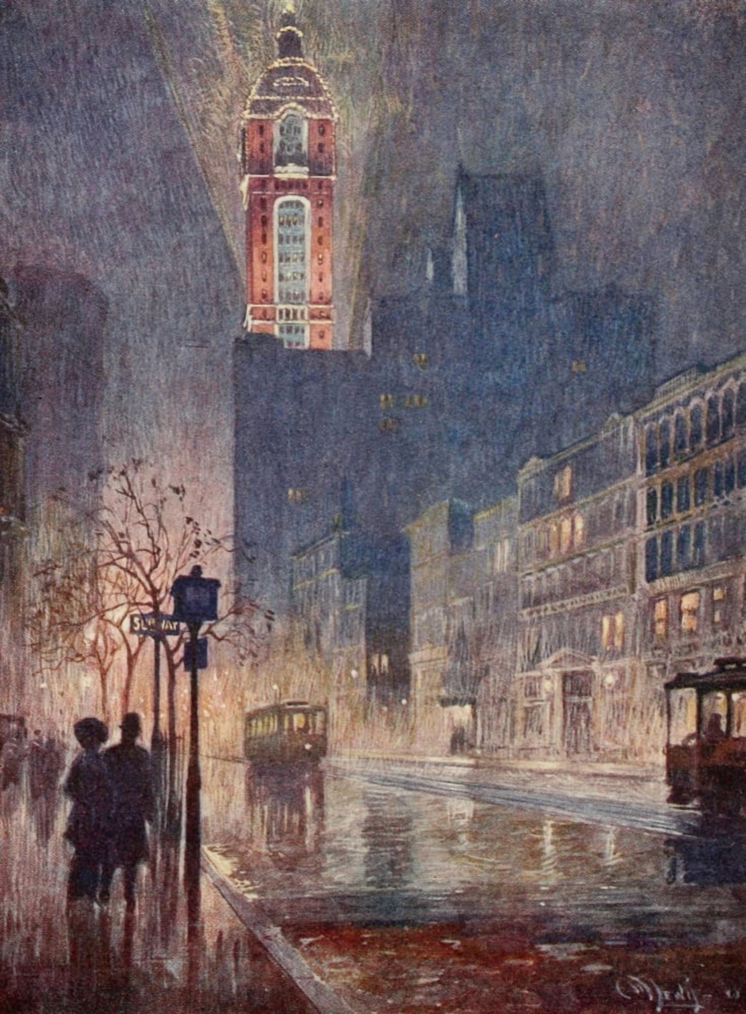 New York 1911 Singer Building Lower Broadway at Night Canvas Art - Martin Lewis (24 x 36)