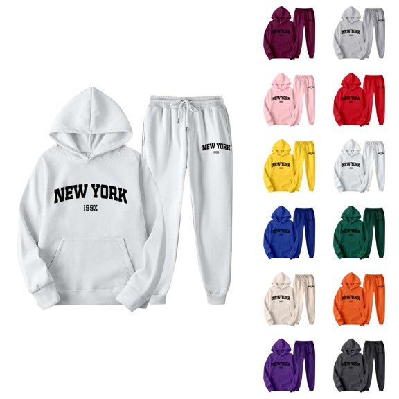 New York 2 Piece Sweatsuits for Women 2026 Trendy Hoodie and Joggers Sweatpants Matching Set