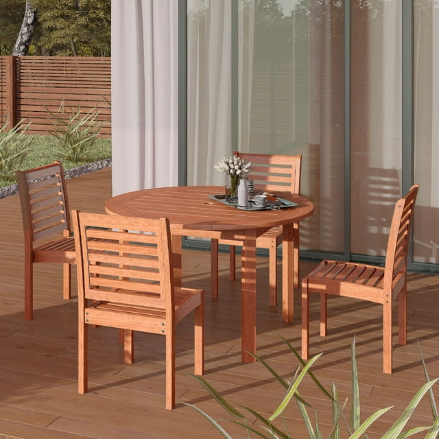 New York 5-Piece Round Patio Dining Set | Eucalyptus Wood | Ideal for Outdoors and Indoors