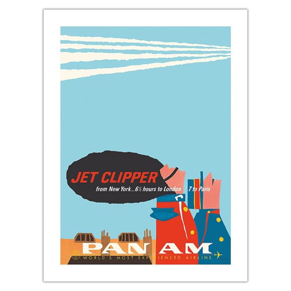 New York - 6.5 Hours to London - 7 to Paris - Jet Clipper - Vintage Airline Travel Poster by Aaron Fine c.1958 - Fine Art Matte Paper Print (Unframed) 18x24in