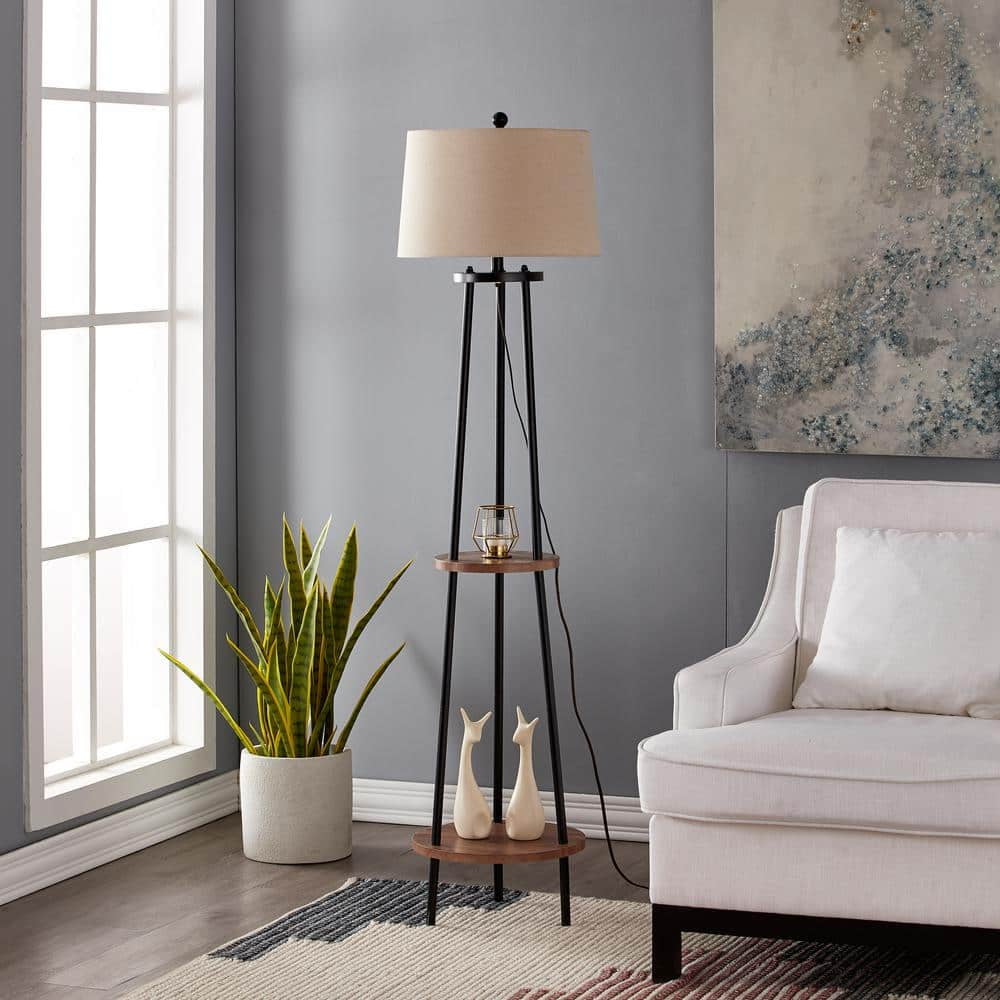 New York 65 in. Wood Grain and Black Metal Floor Lamp with Table Shelves