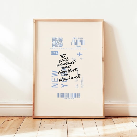 New York Airline Ticket Minimalist Travel Neutral City Decor, Unframed Paper Print Size 8x12