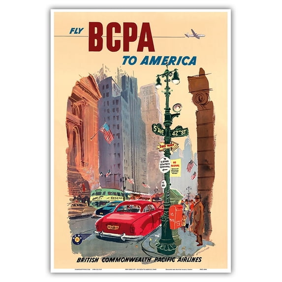 New York America - 5th Av. & 42nd St. - BCPA (British Commonwealth Pacific Airline) - Vintage Travel Poster by K. Howland c.1940s - Master Art Print (Unframed) 13in x 19in