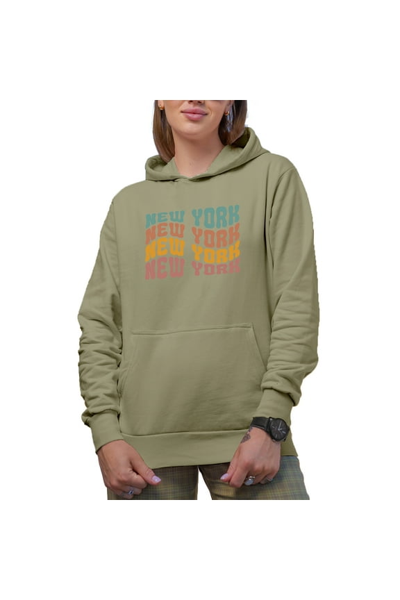 New York, America, US or USA State Themed, Groovy Retro Wavy Text Merch Gift, Sand Hooded Sweatshirt or Hoodie, 3XL