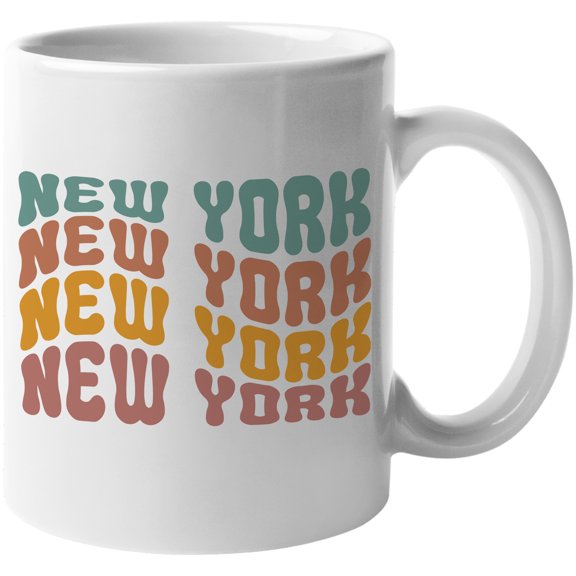 New York, America, US or USA State Themed, Groovy Retro Wavy Text Merch Gift, White 11oz Ceramic Mug
