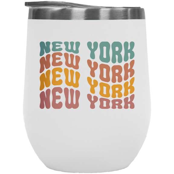 New York, America, US or USA State Themed, Groovy Retro Wavy Text Merch Gift, White 12oz Wine Tumbler
