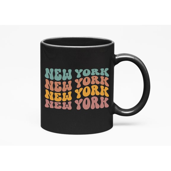 New York, America or US State Themed, Groovy Retro Wavy Text Merch Gift, Black 11oz Ceramic Mug
