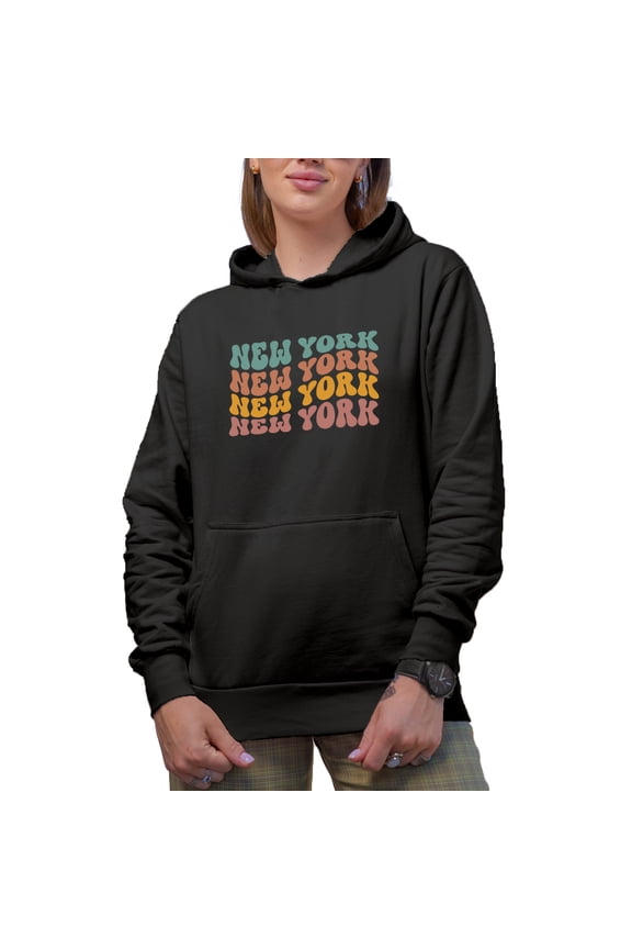 New York, America or US State Themed, Groovy Retro Wavy Text Merch Gift, Black Hooded Sweatshirt or Hoodie, 3XL
