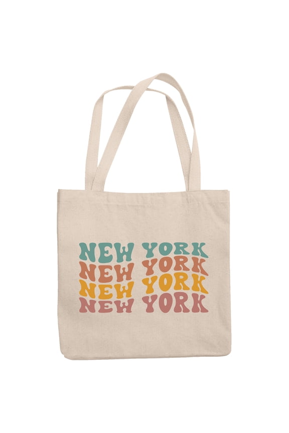 New York, America or USA State Themed, Groovy Retro Wavy Text Merch Gift, 12oz Canvas Tote Bag