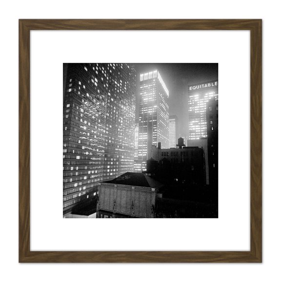 New York At Night Skyscrapers Vintage Photo 8X8 Inch Square Wooden Framed Wall Art Print Picture with Mount