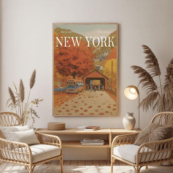 New York Autumn Art Poster, Vintage Editorial-Style Fall Landscape Poster, Retro Covered Bridge Illustration Va-T10-412, Unframed Poster Size 8x12