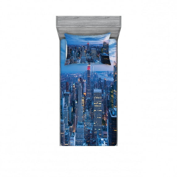 New York Bedding Set with Sheet & Covers, Aerial Night View of NYC with Dusk Sky Cloudy Sunset in City Fashion Capital Art Photo, Printed Bedroom Decor 2 Shams, 4 Sizes, Blue, by Ambesonne