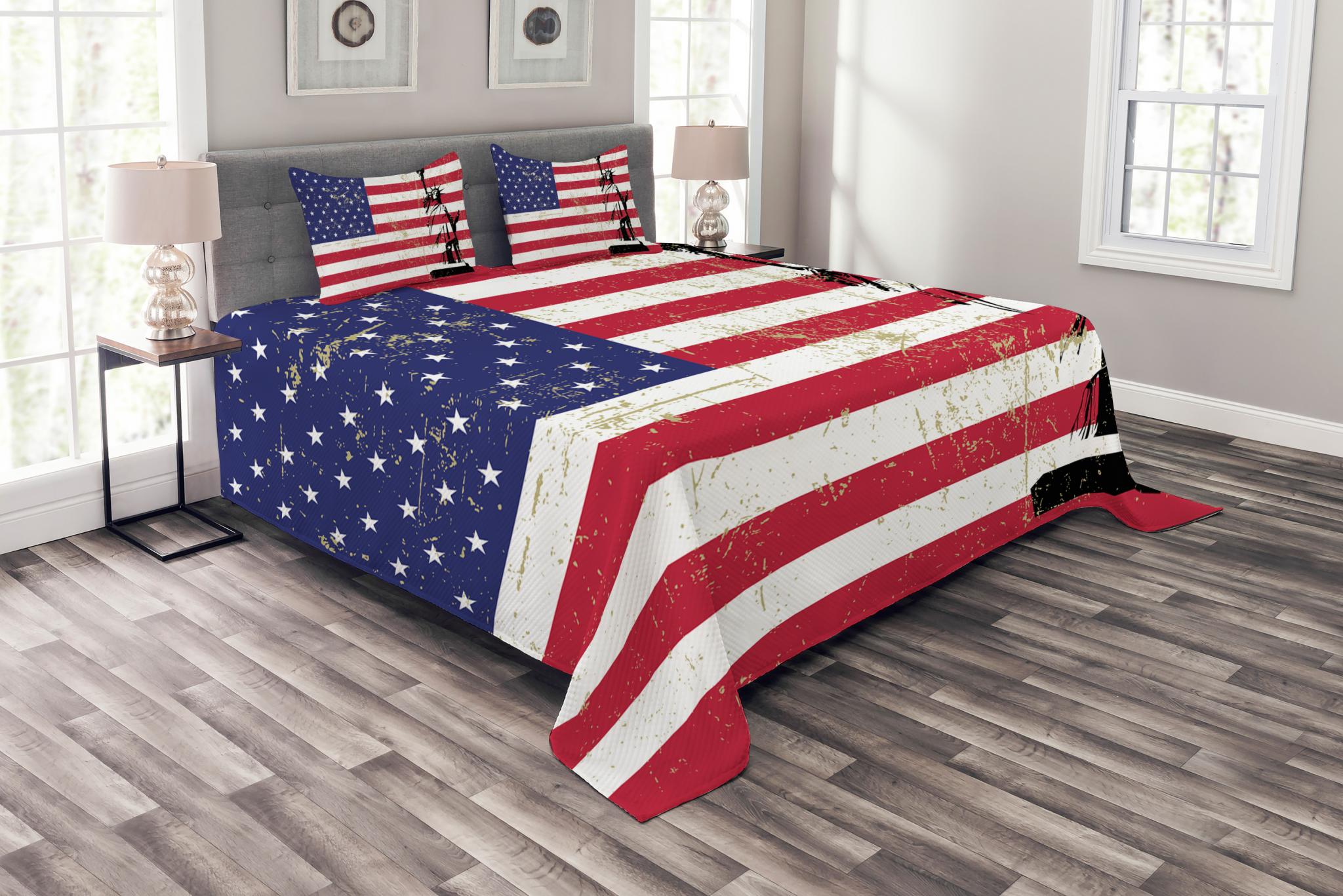 New York Bedspread Set King Size, Statue of Liberty and USA Flag Retro