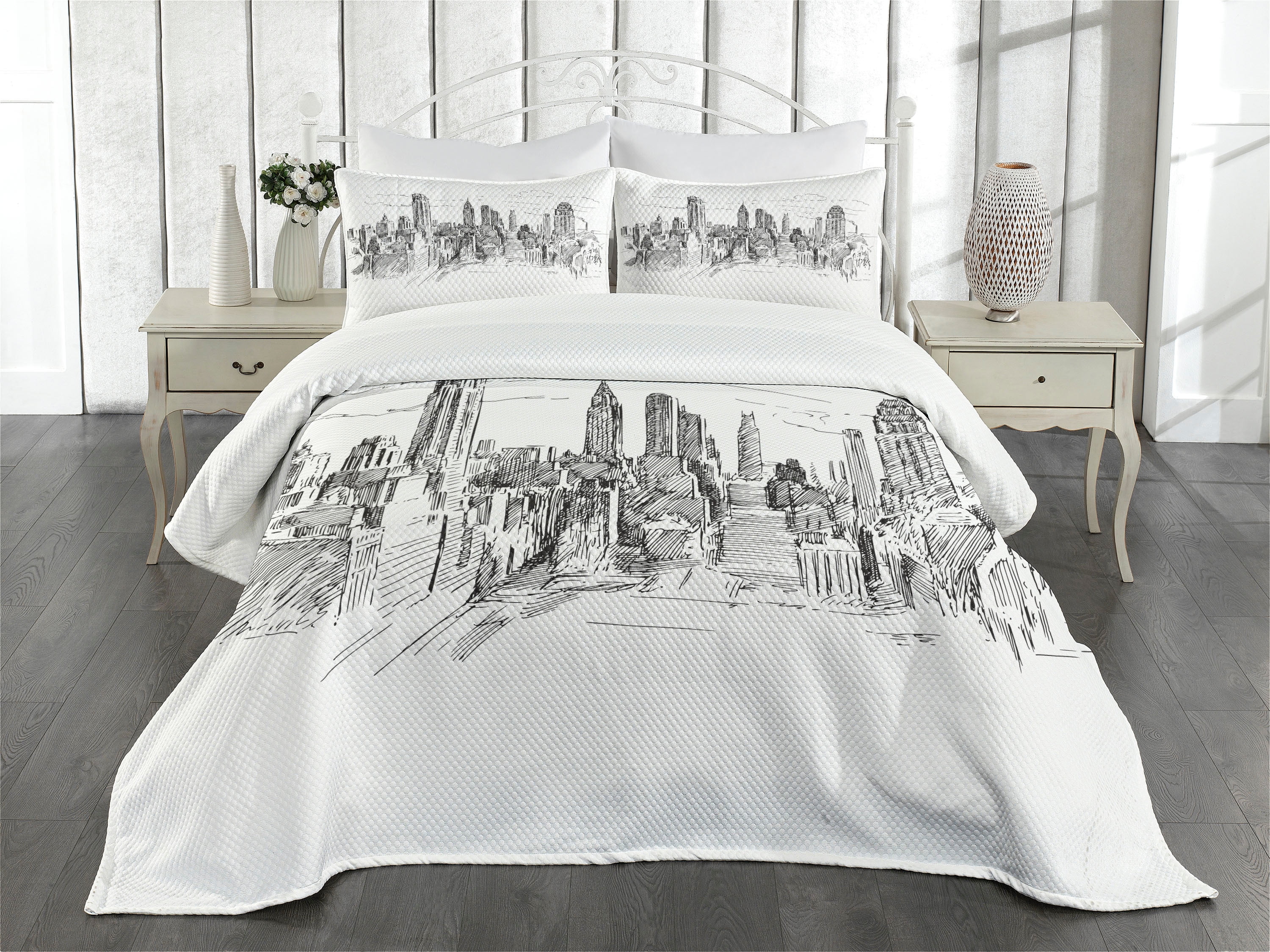 New York Bedspread Set Queen Size, Hand Drawn NYC Cityscape Tourism