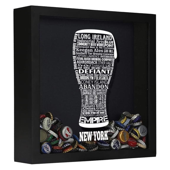 Torched New York Beer Cap Shadow Box Wall Mount Decor 13"x13"x3" Black