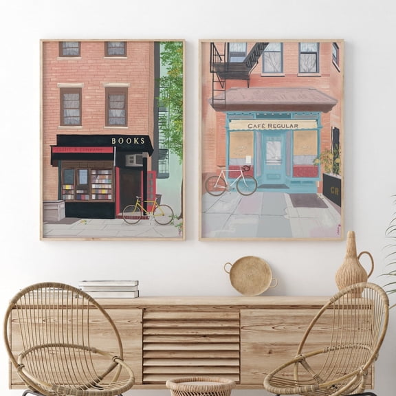New York Bookstore Coffee Shop Brooklyn Illustration Wall Art Set 2 Unframed Paper Print 20x30