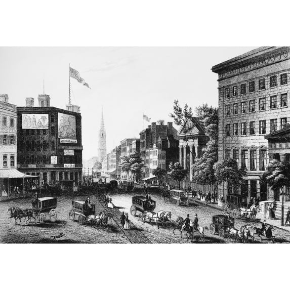 New York Broadway 1855. Nlooking South From City Hall Park With Barnum'S American Museum At The Left. Line Engraving