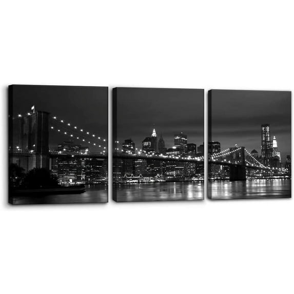New York Brooklyn Bridge Canvas Wall Art 3 Panels Night View Modern Landscape Artwork Cityscape Pictures Prints on Canvas Wall Decor for Home & Office Decoration - 12 x 16 inch x 3