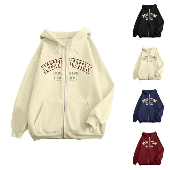 New York Brooklyn Hoodies for Women 2025 Long Sleeve Zip Up Hooded Sweatshirt with Pockets Jacket Coat