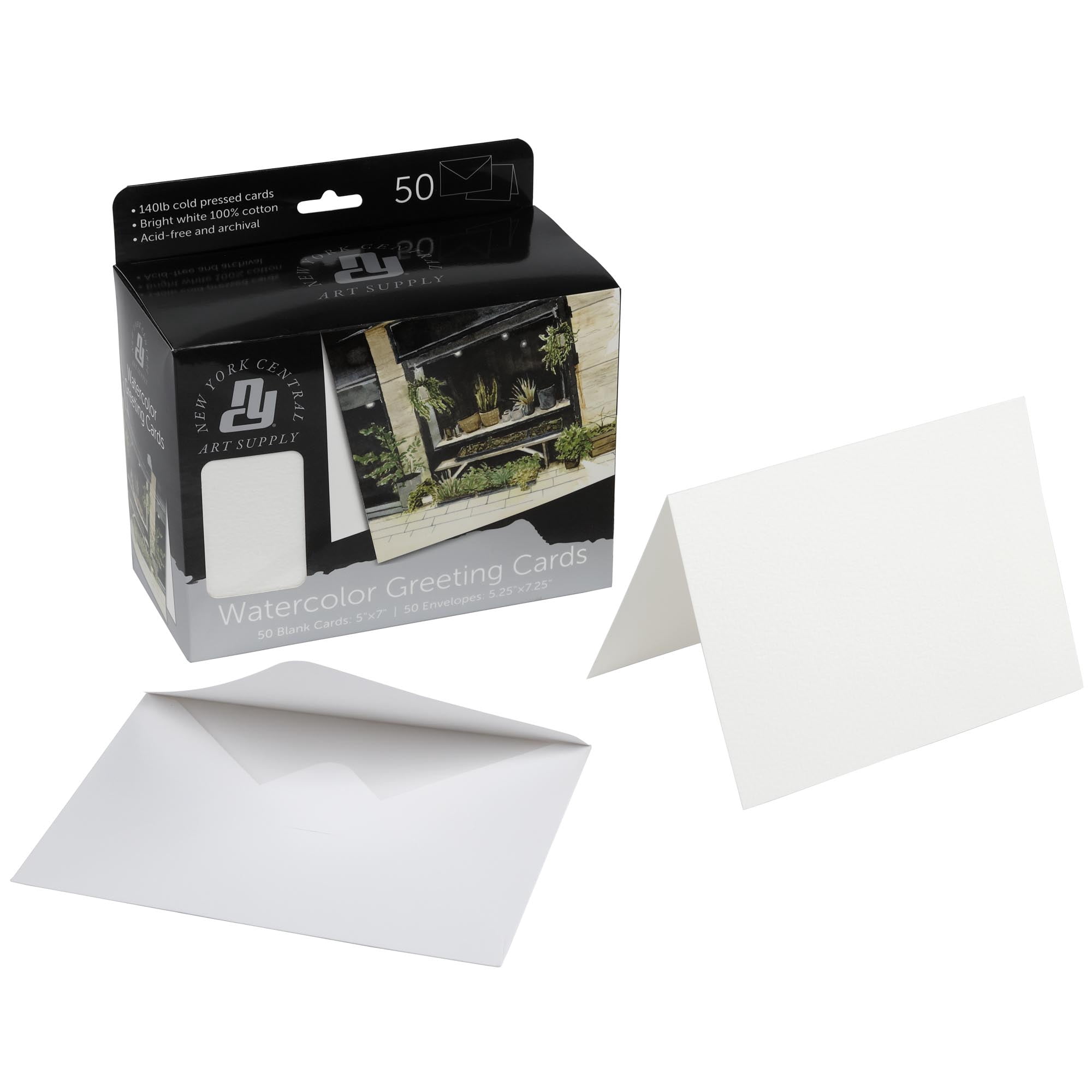 New York Central Folded Watercolor Cards with Envelopes - 5" x 7" - 50-Pack - 140lb Cold Pressed, Bright White 100% Cotton - Archival Acid-Free Watercolor Paper Cards for Artists