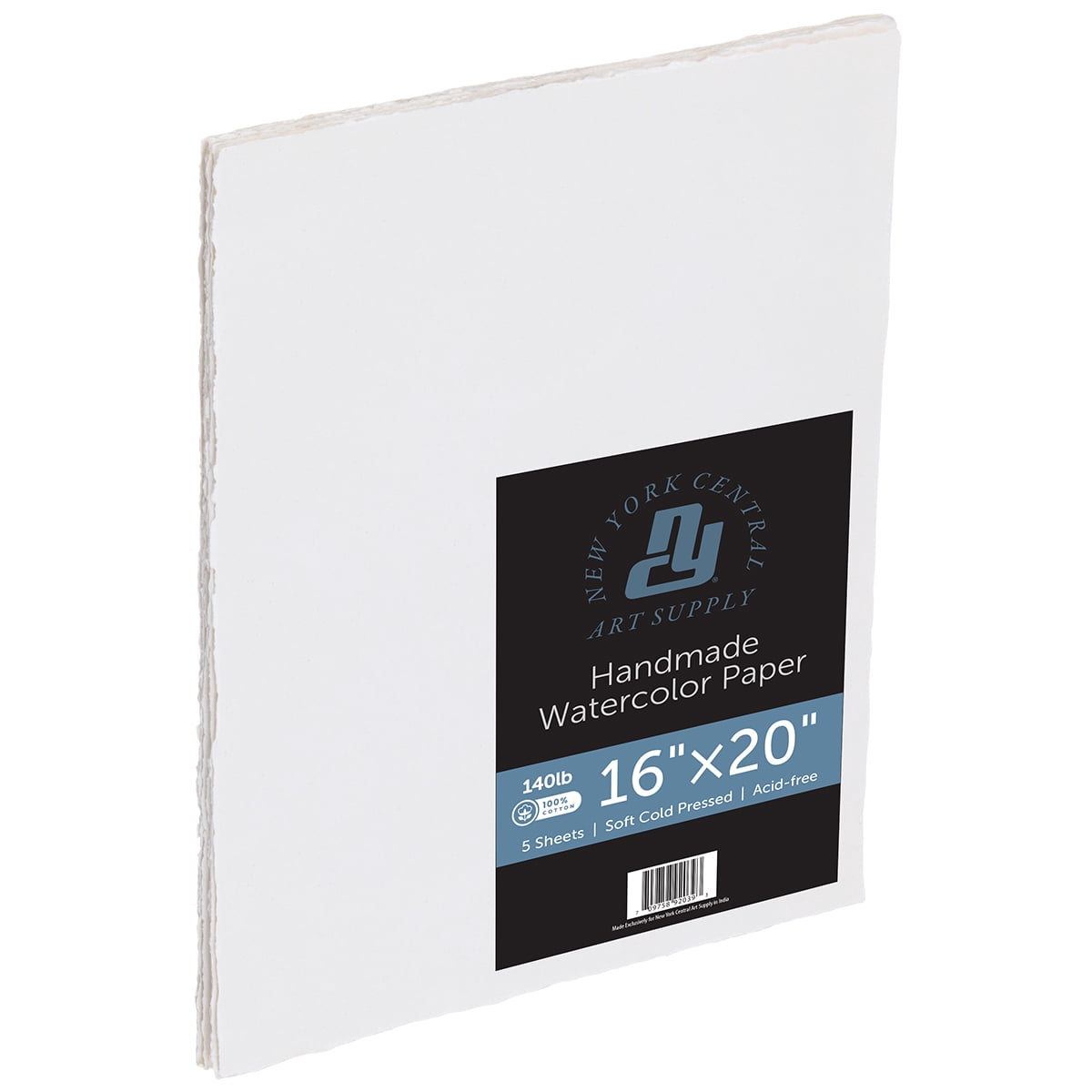 New York Central Handmade Watercolor Paper - 140lb, 16"X20" - 5 Packs of 5, 25 Total Sheets, Acid-Free 100% Cotton Rag, Cold Press, 4 Deckled Edges, Minimally Sized, Mixed Media Paper