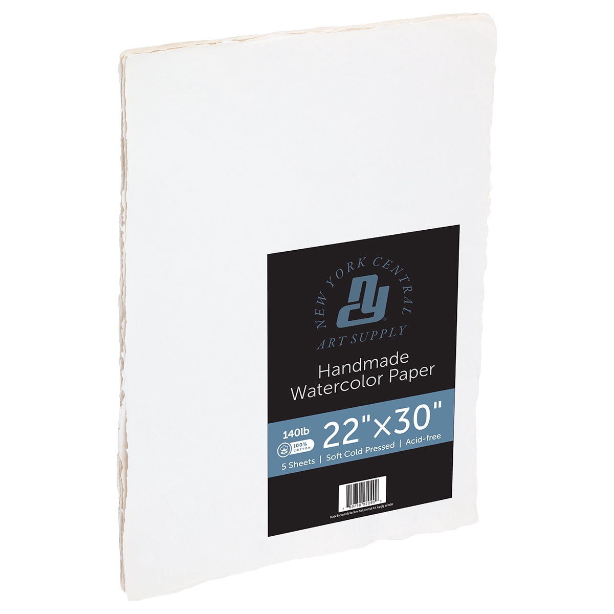 New York Central Handmade Watercolor Paper - 140lb, 22"X30" - 5 Packs of 5, 25 Total Sheets, Acid-Free 100% Cotton Rag, Cold Press, 4 Deckled Edges, Minimally Sized, Mixed Media Paper