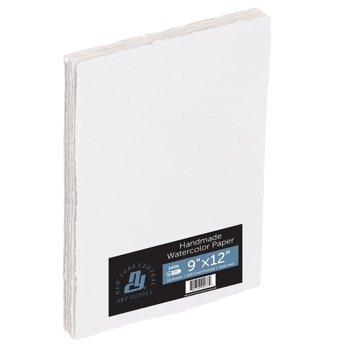 New York Central Handmade Watercolor Paper - 140lb, 9"X12" - 5 Packs of 10, 50 Total Sheets, Acid-Free 100% Cotton Rag, Cold Press, 4 Deckled Edges, Minimally Sized Mixed Media Paper