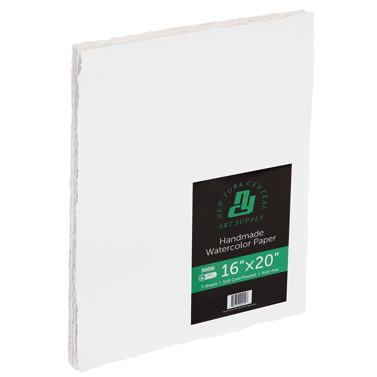 New York Central Handmade Watercolor Paper - 300lb, 16"X20" - 5 Packs of 5, 25 Total Sheets, Acid-Free 100% Cotton Rag, Cold Press, 4 Deckled Edges, Minimally Sized, Mixed Media Paper