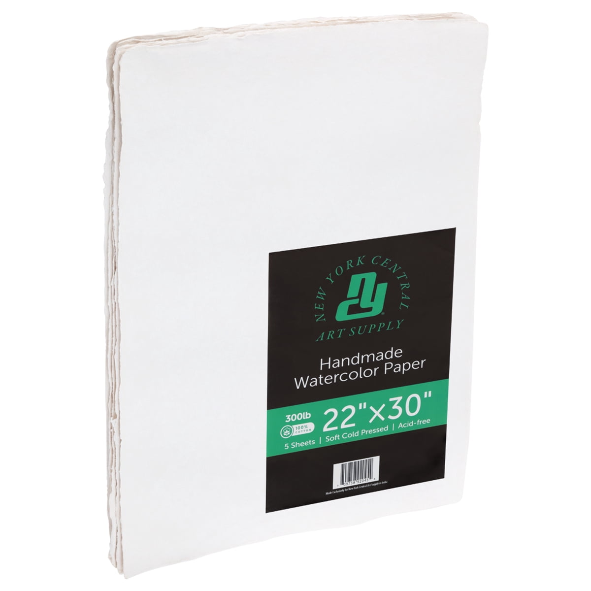 New York Central Handmade Watercolor Paper - 300lb, 22"X30" - 5 Packs of 5, 25 Total Sheets, Acid-Free 100% Cotton Rag, Cold Press, 4 Deckled Edges, Minimally Sized, Mixed Media Paper