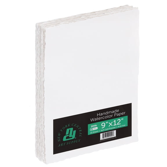 New York Central Handmade Watercolor Paper - 300lb, 9"X12" - 5 Packs of 5, 25 Total Sheets, Acid-Free 100% Cotton Rag, Cold Press, 4 Deckled Edges, Minimally Sized, Mixed Media Paper