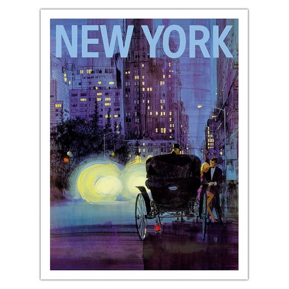 New York - Central Park - Horse Carriage Ride at Night - Vintage Airline Travel Poster by Van Kaufman c.1965 - Fine Art Matte Paper Print (Unframed) 20x26in