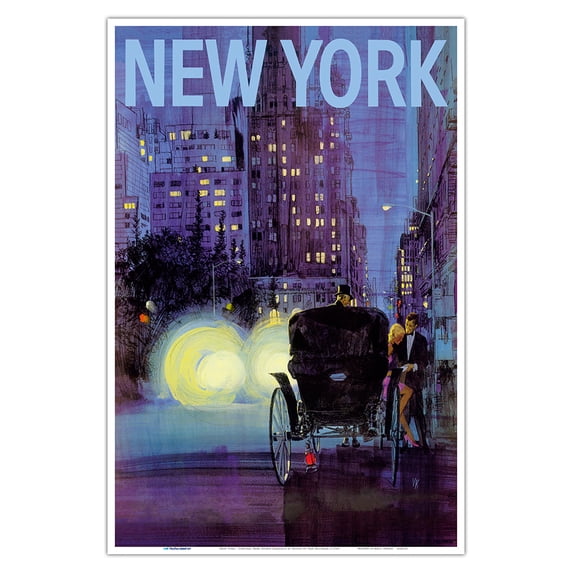 New York - Central Park - Horse Carriage Ride at Night - Vintage Airline Travel Poster by Van Kaufman c.1965 - Master Art Print (Unframed) 12in x 18in