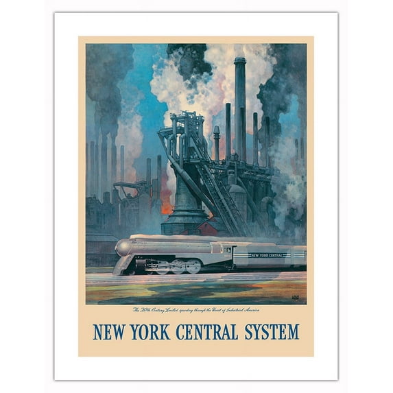New York Central System - Heart of Industrial America - Vintage Railroad Travel Poster by Leslie Ragan c.1943 - Bamboo Fine Art 290gsm Paper (Unframed) 17x22in