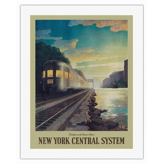 New York Central System- Hudson River- Diesel powered train - Vintage Railroad Travel Poster by Leslie Ragan - Fine Art Rolled Canvas Print 20in x 26in